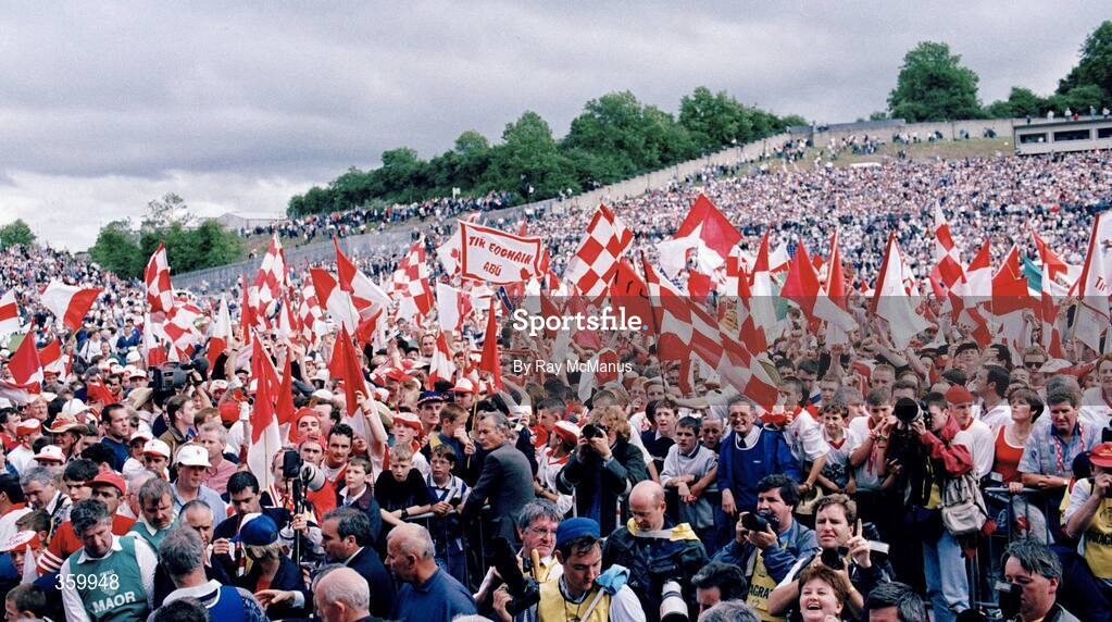23 July 1995; Tyrone supporters on the pitch following their side's 2-13 to 0-7 victory over Cavan. Ulster Senior Football Championship Final, Tyrone v Cavan, St. Tighearnach's Park, Clones, Co. Monaghan. Picture credit: Ray McManus / SPORTSFILE