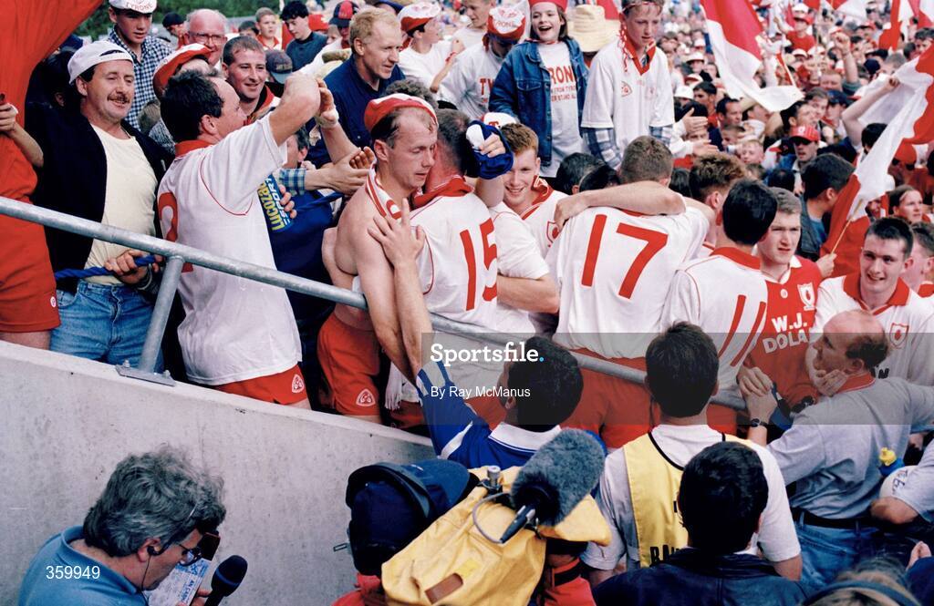 23 July 1995; Tyrone players celebrate their 2-13 to 0-7 victory over Cavan. Ulster Senior Football Championship Final, Tyrone v Cavan, St. Tighearnach's Park, Clones, Co. Monaghan. Picture credit: Ray McManus / SPORTSFILE