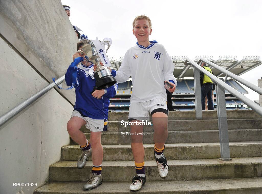 18 June 2009; Scoil San Treasa captain Alex Considine, right, and team-mate Stephen O'Dwyer, with the Corn Ui Mhaolain after the match. Allianz Cumann na mBunscoil Finals, Scoil San Treasa, Mount Merrion v Holy Spirit, Ballymun, Corn Ui Mhaolain, Croke Park, Dublin. Picture credit: Brian Lawless / SPORTSFILE