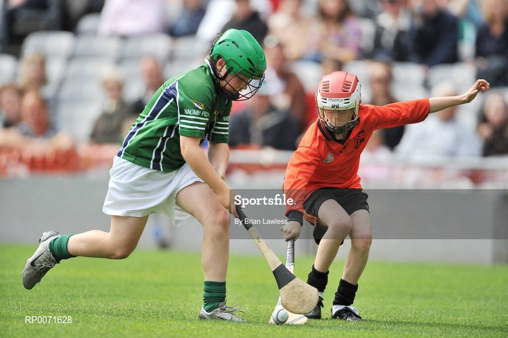 18 June 2009; Roy Bardsley, St. Pius X B.N.S, in action against Ross Maher, St. Brigid's. Allianz Cumann na mBunscoil Finals, St. Pius X B.N.S., Dublin, v St. Brigids, Killester, Corn Frank Cahill, Croke Park, Dublin. Picture credit: Brian Lawless / SPORTSFILE