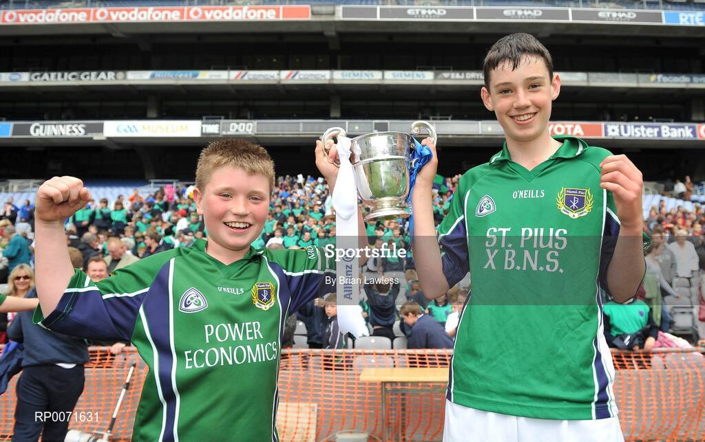 18 June 2009; St. Pius X B.N.S co-captains Conor Power, left, and Colm Hayes, celebrate with the Corn Frank Cahill after the game. Allianz Cumann na mBunscoil Finals, St. Pius X B.N.S., Dublin, v St. Brigids, Killester, Corn Frank Cahill, Croke Park, Dublin. Picture credit: Brian Lawless / SPORTSFILE
