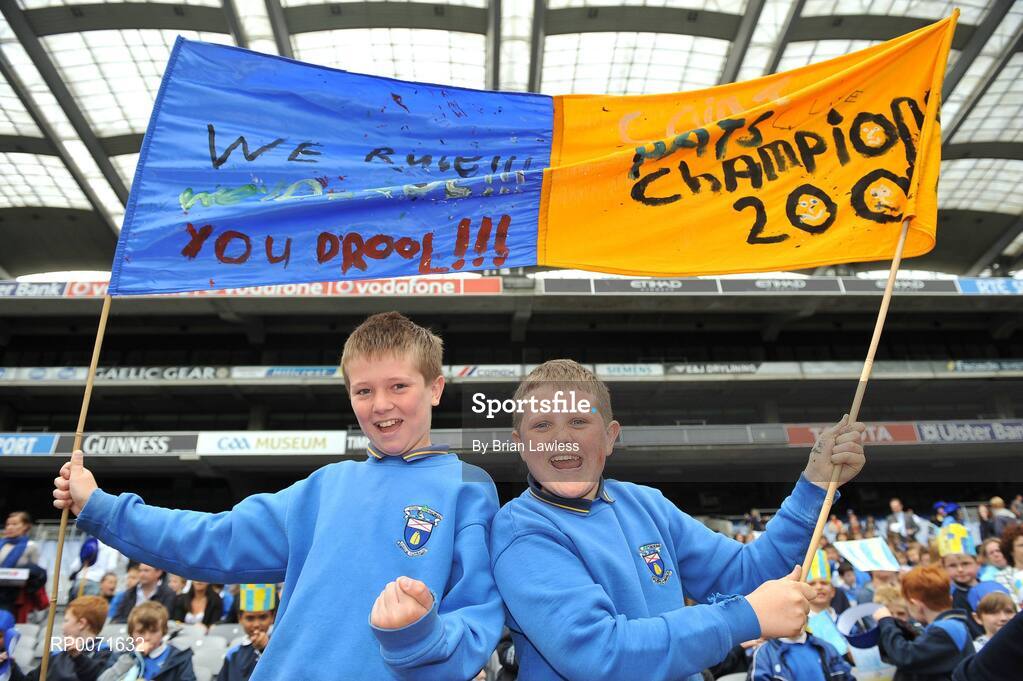 18 June 2009; St. Patrick's pupils Jeff Kavanagh, age 11, left, and Mark O'Flanagan, age 12, show their support during the match. Allianz Cumann na mBunscoil Finals, Oatlands, Mt. Merrion, v St. Patrick's, Drumcondra, Corn Fianna Fail, Croke Park, Dublin. Picture credit: Brian Lawless / SPORTSFILE