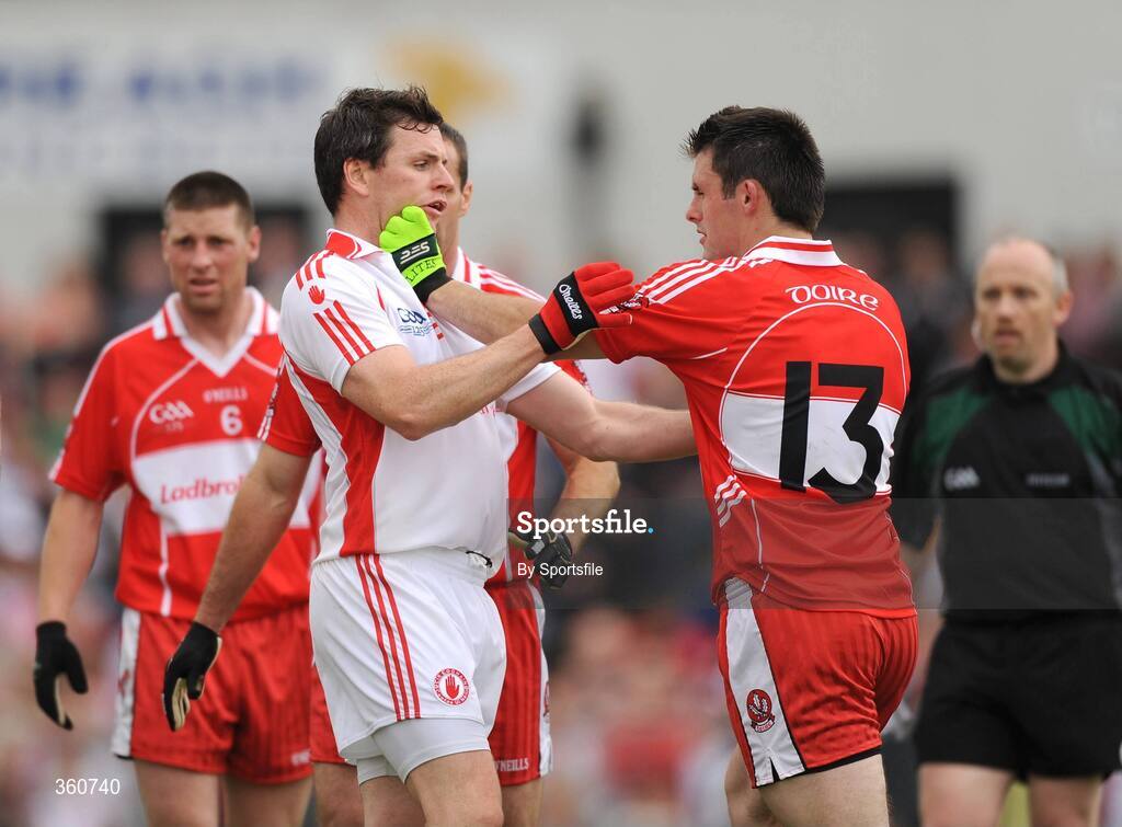 21 June 2009; Conor Gormley, Tyrone, gets involved in a tussle with Eoin Bradley, Derry. GAA Football Ulster Senior Championship Semi-Final, Tyrone v Derry, Casement Park, Belfast, Co. Antrim. Photo by Sportsfile