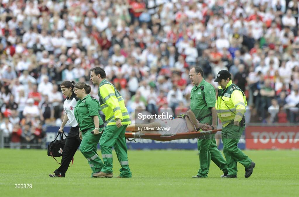 21 June 2009; Joe McMahon, Tyrone, is carried off after a second half injury. GAA Football Ulster Senior Championship Semi-Final, Tyrone v Derry, Casement Park, Belfast, Co. Antrim. Picture credit: Oliver McVeigh / SPORTSFILE