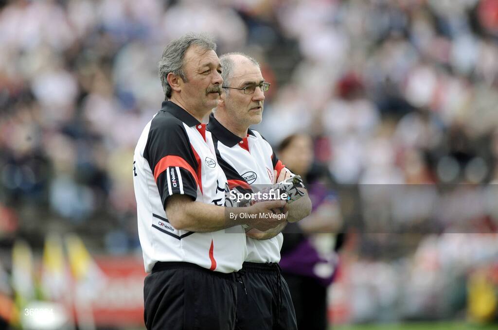 21 June 2009; Tyrone manager, Mickey Harte, right, and his asistant, Tony Donnelly, watches on from the sideline. GAA Football Ulster Senior Championship Semi-Final, Tyrone v Derry, Casement Park, Belfast, Co. Antrim. Picture credit: Oliver McVeigh / SPORTSFILE