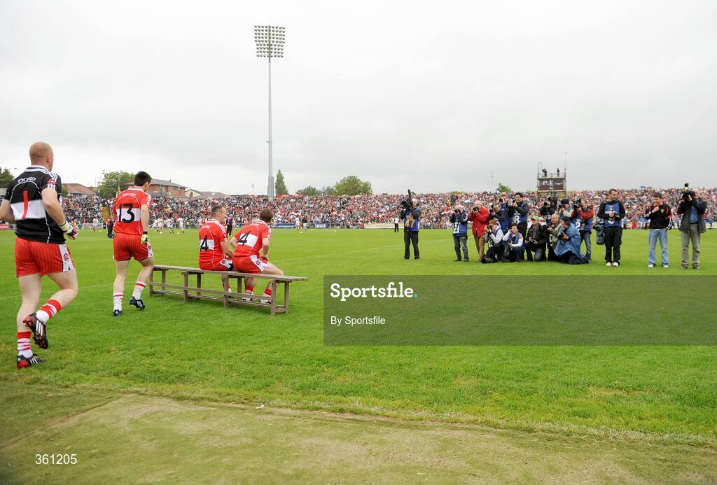 21 June 2009; The Down team make their way out for the team picture. GAA Football Ulster Senior Championship Semi-Final, Tyrone v Derry, Casement Park, Belfast, Co. Antrim. Photo by Sportsfile
