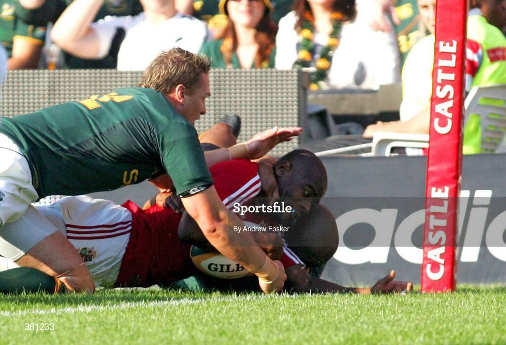 20 June 2009; Ugo Monye, British and Irish Lions, is tackled just short of the try line. 1st Test, South Africa v British and Irish Lions, ABSA Stadium, Durban, South Africa. Picture credit: Andrew Fosker / SPORTSFILE