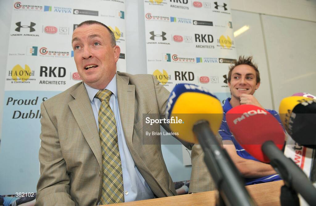 24 June 2009; Dublin manager Pat Gilroy, left, and Paul Griffin during a press conference ahead of their Leinster Senior Football Championship Semi-Final game against Westmeath on Sunday. St Claire's, Griffith Avenue, Dublin. Picture credit: Brian Lawless / SPORTSFILE