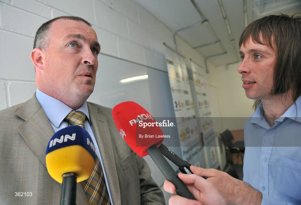 24 June 2009; Dublin manager Pat Gilroy is interviewed during a press conference ahead of their Leinster Senior Football Championship Semi-Final game against Westmeath on Sunday. St Claire's, Griffith Avenue, Dublin. Picture credit: Brian Lawless / SPORTSFILE