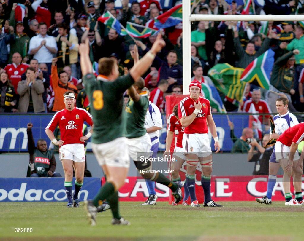 27 June 2009; Ronan O'Gara, left, and Alun Wyn Jones, British and Irish Lions, watch on as John Smit, no.3, South Africa, and team-mates celebrate victory over the British and Irish Lions. 2nd Test, South Africa v British and Irish Lions, Loftus Versfeld Stadium, Pretoria, South Africa. Picture credit: Andrew Fosker / SPORTSFILE