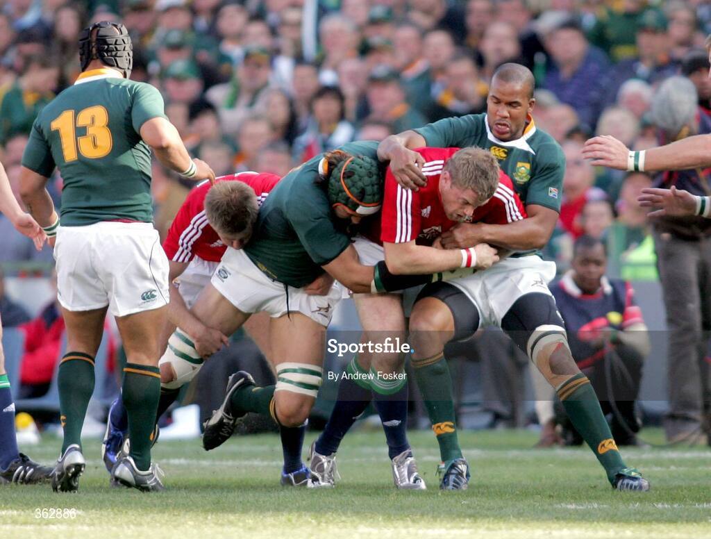 27 June 2009; Jamie Heaslip, British and Irish Lions, in action against Adi Jacobs, 13, and J P Pietersen, right, South Africa. 2nd Test, South Africa v British and Irish Lions, Loftus Versfeld Stadium, Pretoria, South Africa. Picture credit: Andrew Fosker / SPORTSFILE