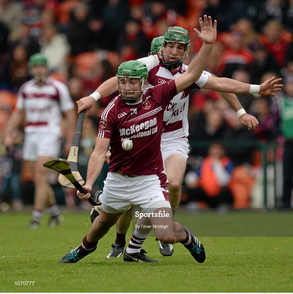 25 October 2015; Sean McAfee, Cushendall, in action against Cormac McKenna, Slaughtneil Ruairí Óg. AIB GAA Hurling Ulster GAA Senior Club Championship Final, Cushendall v Slaughtneil Ruairí Óg. Athletic Grounds, Armagh. Picture credit: Oliver McVeigh / SPORTSFILE