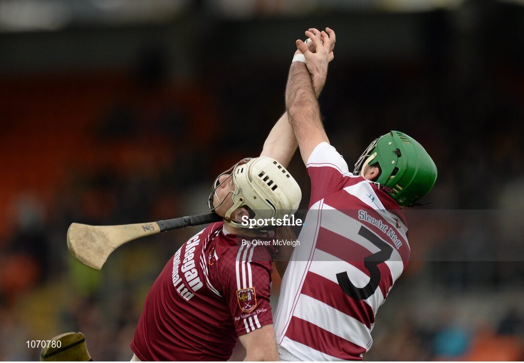 25 October 2015; Donal McNaughton, Cushendall, in action against Sean Cassidy, Slaughtneil Ruairí Óg. AIB GAA Hurling Ulster GAA Senior Club Championship Final, Cushendall v Slaughtneil Ruairí Óg. Athletic Grounds, Armagh. Picture credit: Oliver McVeigh / SPORTSFILE