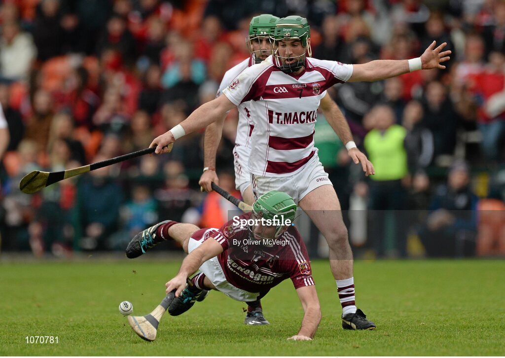 25 October 2015; Sean McAfee, Cushendall, in action against Cormac McKenna, Slaughtneil Ruairí Óg. AIB GAA Hurling Ulster GAA Senior Club Championship Final, Cushendall v Slaughtneil Ruairí Óg. Athletic Grounds, Armagh. Picture credit: Oliver McVeigh / SPORTSFILE