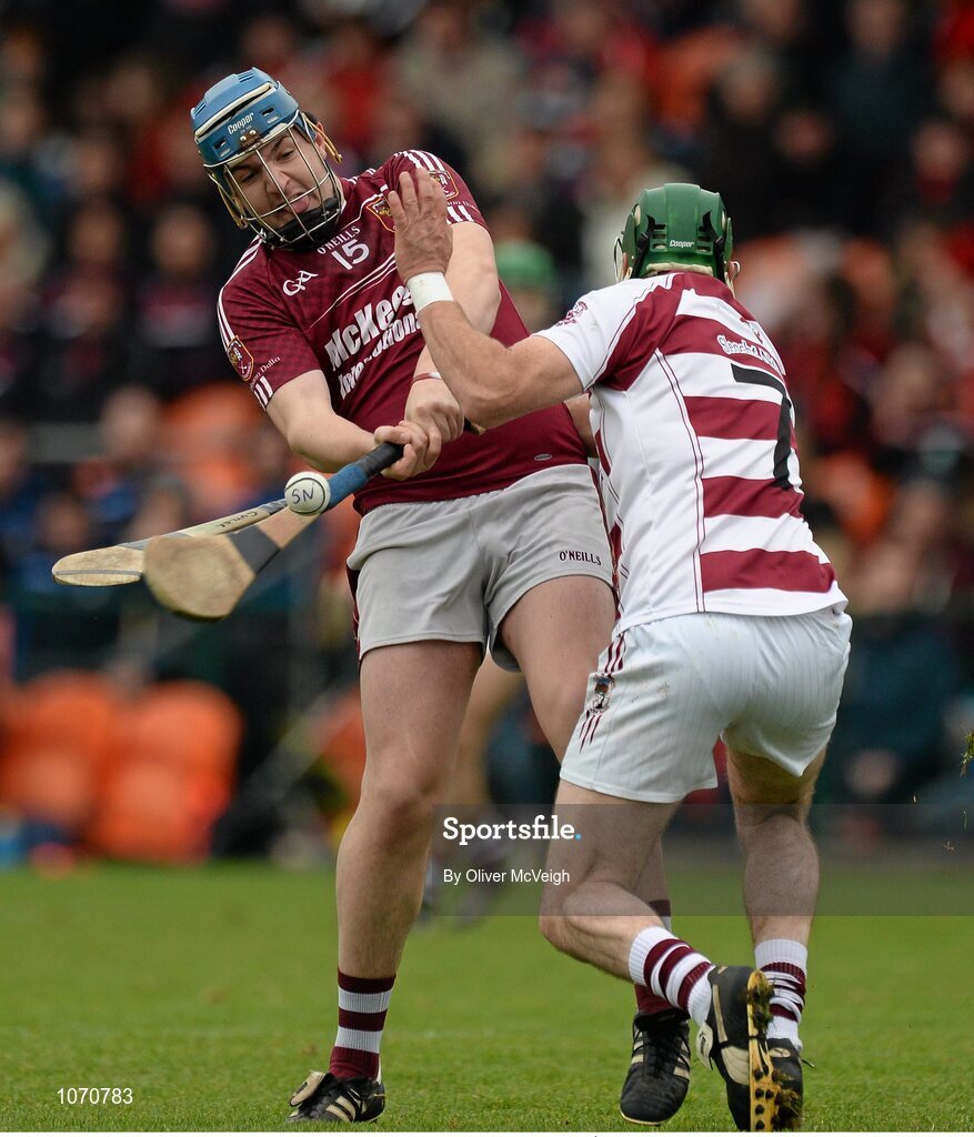 25 October 2015; Christy McNaughton, Cushendall, in action against Cormac McKenna, Slaughtneil Ruairí Óg. AIB GAA Hurling Ulster GAA Senior Club Championship Final, Cushendall v Slaughtneil Ruairí Óg. Athletic Grounds, Armagh. Picture credit: Oliver McVeigh / SPORTSFILE