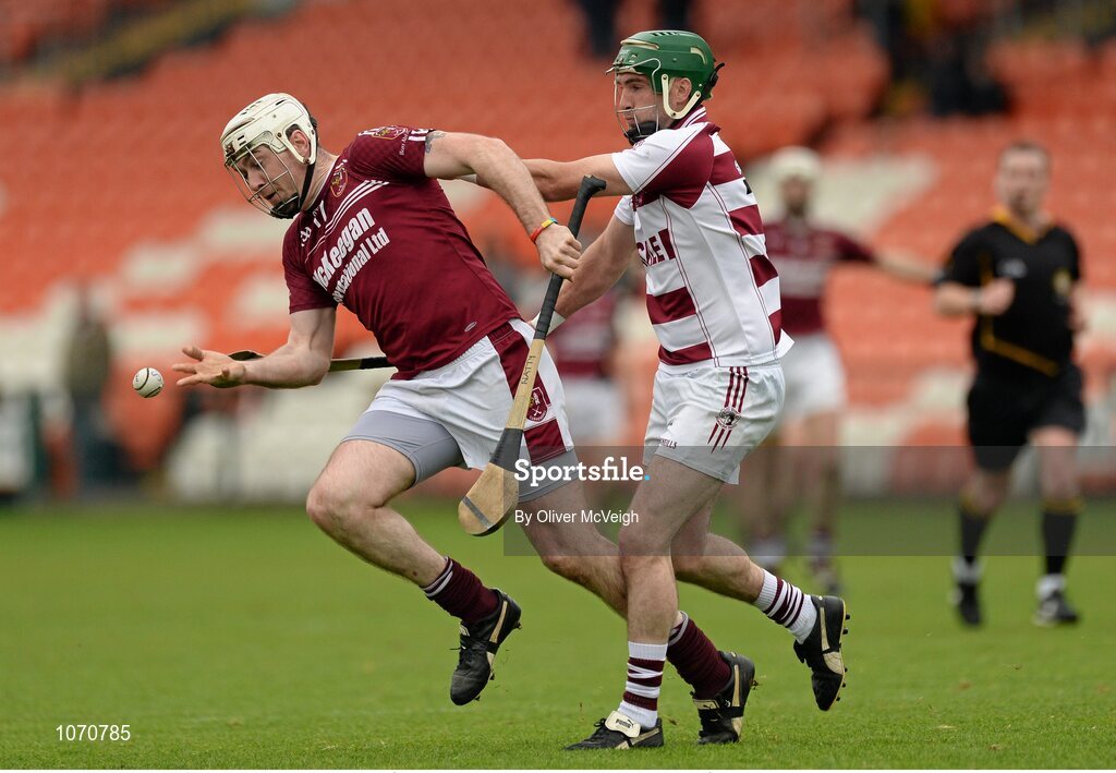 25 October 2015; Donal McNaughton, Cushendall, in action against Cormac McKenna, Slaughtneil Ruairí Óg. AIB GAA Hurling Ulster GAA Senior Club Championship Final, Cushendall v Slaughtneil Ruairí Óg. Athletic Grounds, Armagh. Picture credit: Oliver McVeigh / SPORTSFILE