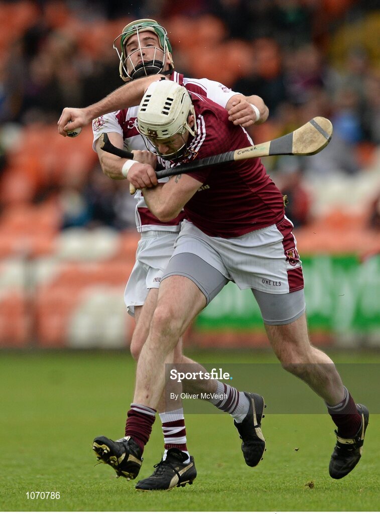 25 October 2015; Donal McNaughton, Cushendall, in action against Cormac McKenna, Slaughtneil Ruairí Óg. AIB GAA Hurling Ulster GAA Senior Club Championship Final, Cushendall v Slaughtneil Ruairí Óg. Athletic Grounds, Armagh. Picture credit: Oliver McVeigh / SPORTSFILE