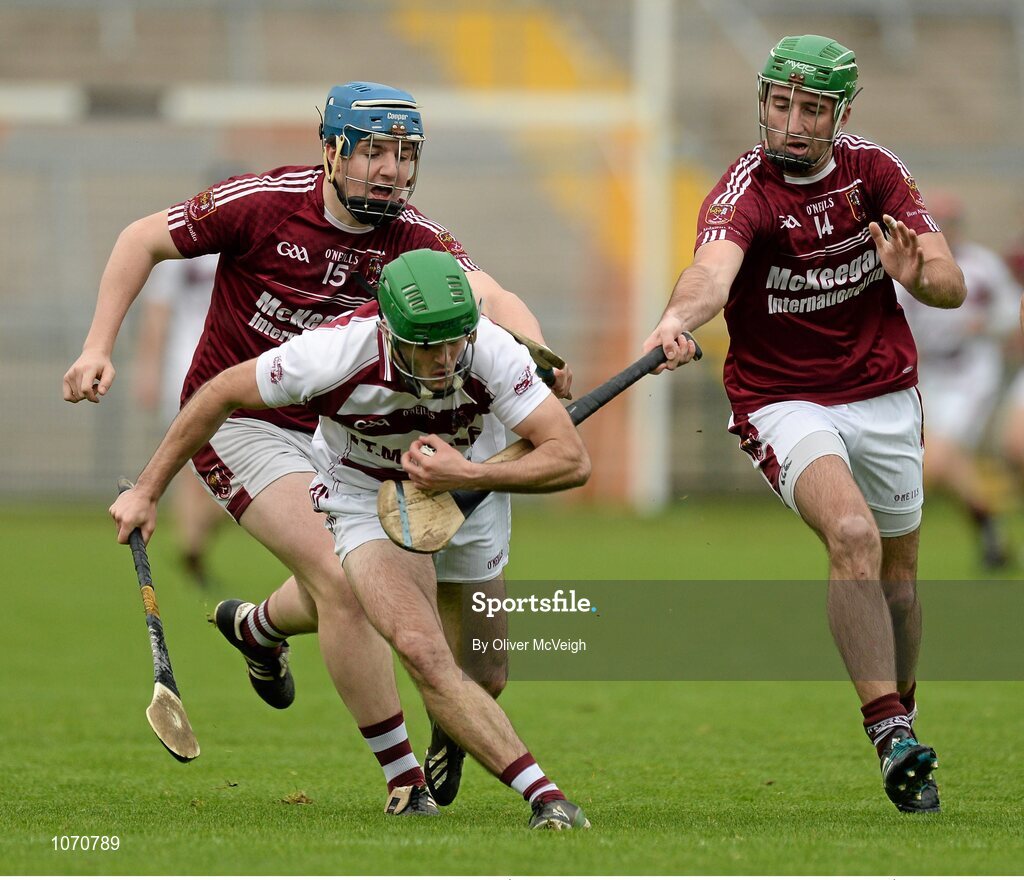 25 October Sean Cassidy, Slaughtneil, in action against Christy McNaughton and Sean McAfee, Cushendall Ruairí Óg.  AIB GAA Hurling Ulster GAA Senior Club Championship Final, Cushendall v Slaughtneil Ruairí Óg. Athletic Grounds, Armagh. Picture credit: Oliver McVeigh / SPORTSFILE
