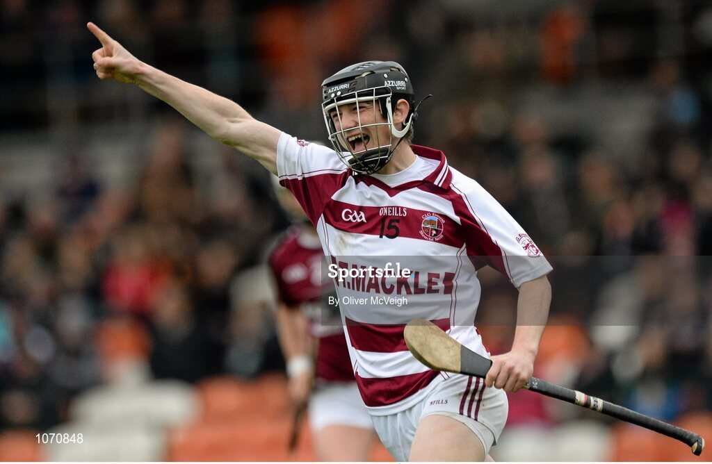 25 October 2015; Brian Cassidy, Slaughtneil, celebrates after scoring his side's third goal. AIB GAA Hurling Ulster GAA Senior Club Championship Final, Cushendall v Slaughtneil Ruairí Óg. Athletic Grounds, Armagh. Picture credit: Oliver McVeigh / SPORTSFILE