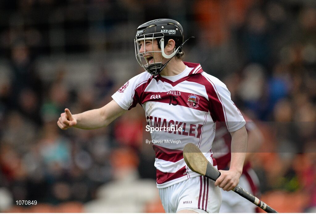 25 October 2015; Brian Cassidy, Slaughtneil, celebrates after scoring his side's third goal. AIB GAA Hurling Ulster GAA Senior Club Championship Final, Cushendall v Slaughtneil Ruairí Óg. Athletic Grounds, Armagh. Picture credit: Oliver McVeigh / SPORTSFILE