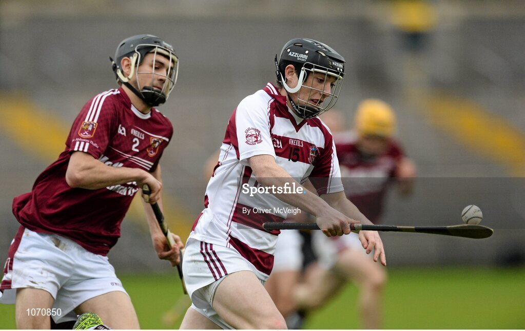 25 October 2015; Brian Cassidy, Slaughtneil, in action against David Kearney, Cushendall. AIB GAA Hurling Ulster GAA Senior Club Championship Final, Cushendall v Slaughtneil Ruairí Óg. Athletic Grounds, Armagh. Picture credit: Oliver McVeigh / SPORTSFILE