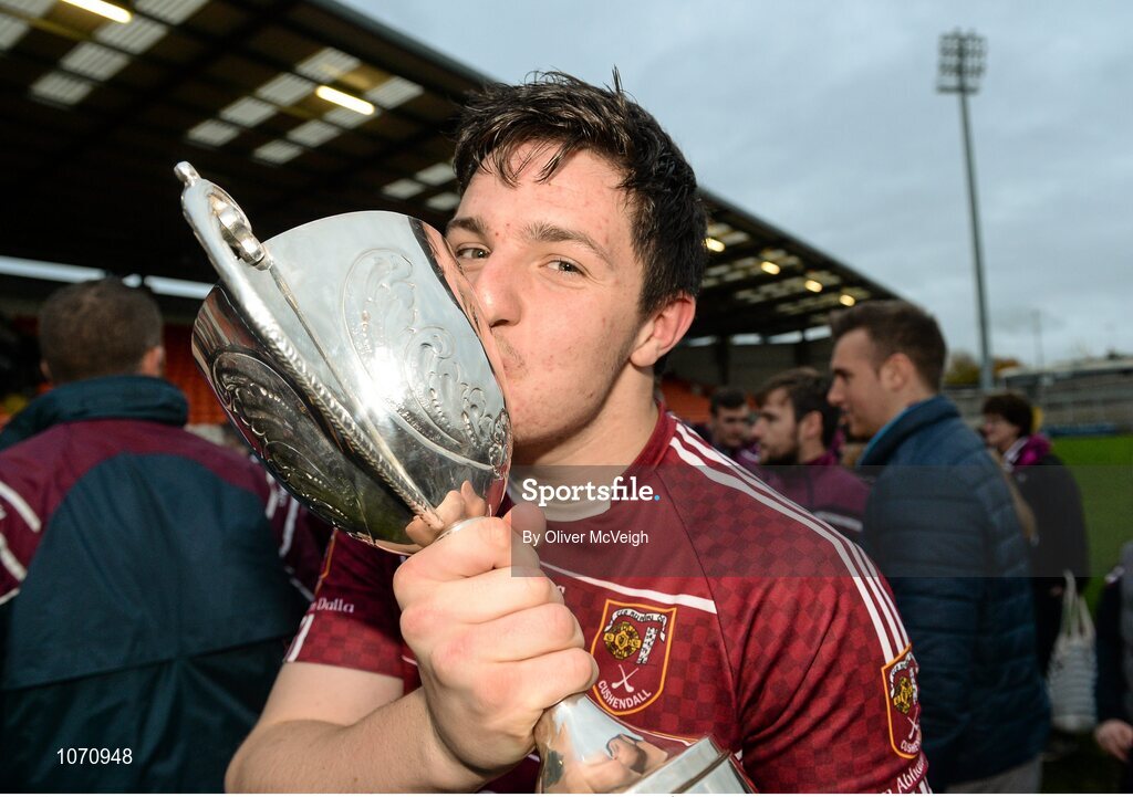 25 October 2015; Christy McNaughton, Cushendall, scorer of his side's only goal, kisses the cup. AIB GAA Hurling Ulster GAA Senior Club Championship Final, Cushendall v Slaughtneil Ruairí Óg. Athletic Grounds, Armagh. Picture credit: Oliver McVeigh / SPORTSFILE
