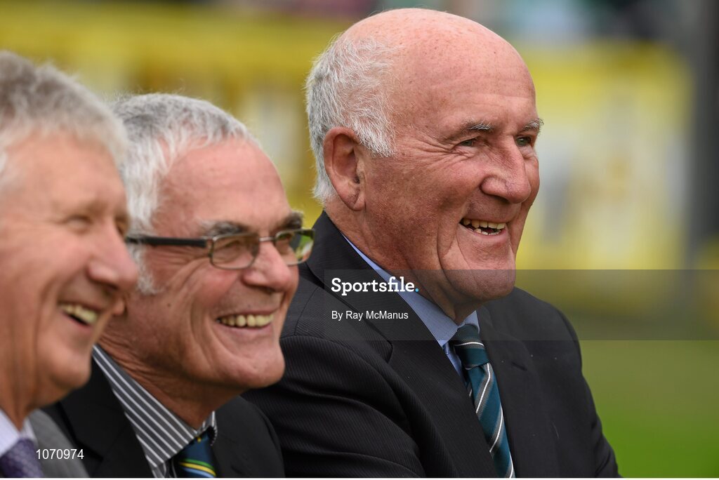 25 October 2015; Eddie Keher, right, himself a six time All-Ireland winner with Kilkenny, smiles as he Pat Kavanagh and Billy Murphy had been introduced as members of the Rower Inistioge 1968 Kilkenny Senior Championship winning team. St. Canice's Credit Union  Kilkenny County Senior Hurling Championship Final, Clara GAA v O'Loughlin Gaels GAA Club. Nowlan Park, Kilkenny. Picture credit: Ray McManus / SPORTSFILE
