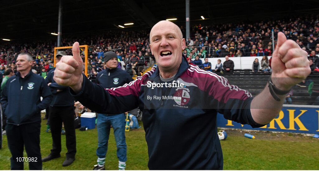 25 October 2015; The Clara manager Mick Purcell celebrates after the final whistle. The O'Loughlin Gaels manager Aidan Fogarty is to the extreme left. St. Canice's Credit Union Kilkenny County Senior Hurling Championship Final, Clara v O'Loughlin Gaels. Nowlan Park, Kilkenny. Picture credit: Ray McManus / SPORTSFILE