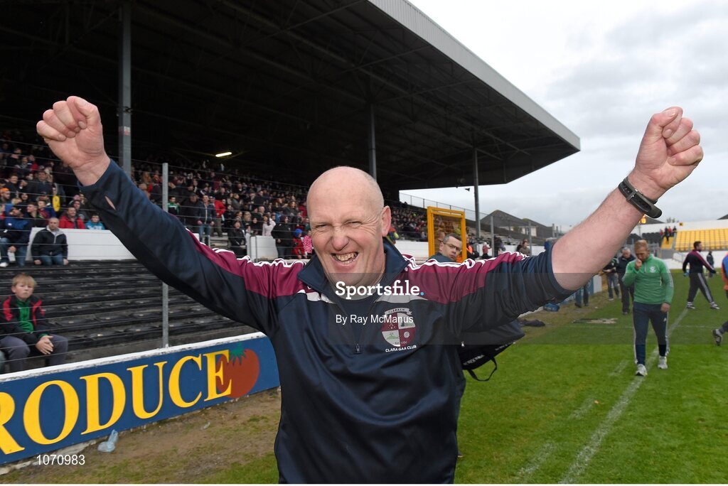 25 October 2015; The Clara manager Mick Purcell celebrates after the final whistle. St. Canice's Credit Union Kilkenny County Senior Hurling Championship Final, Clara v O'Loughlin Gaels. Nowlan Park, Kilkenny. Picture credit: Ray McManus / SPORTSFILE