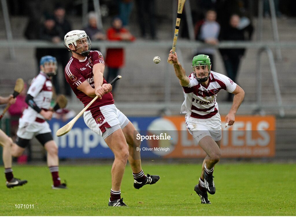 25 October 2015; Conor Carson, Cushendall, in action against Christy McKaigue, Slaughtneil. AIB GAA Hurling Ulster GAA Senior Club Championship Final, Cushendall v Slaughtneil Ruairí Óg. Athletic Grounds, Armagh. Picture credit: Oliver McVeigh / SPORTSFILE