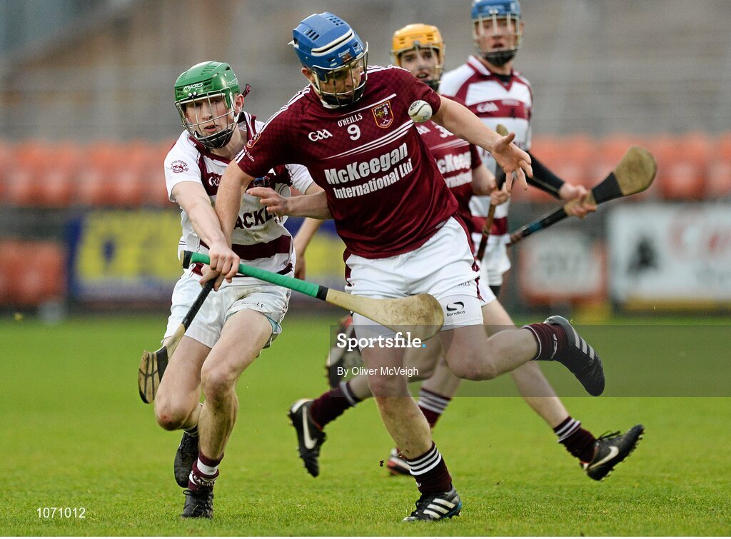25 October 2015; Paddy McGill, Cushendall, in action against Paul McNeill, Slaughtneil. AIB GAA Hurling Ulster GAA Senior Club Championship Final, Cushendall v Slaughtneil Ruairí Óg. Athletic Grounds, Armagh. Picture credit: Oliver McVeigh / SPORTSFILE