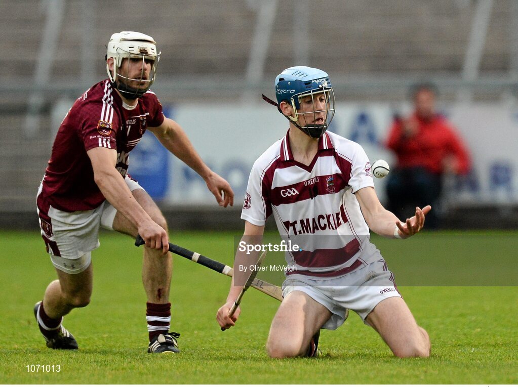 25 October 2015; Brian Cassidy, Slaughtneil, in action against Neil McManus, Cushendall. AIB GAA Hurling Ulster GAA Senior Club Championship Final, Cushendall v Slaughtneil Ruairí Óg. Athletic Grounds, Armagh. Picture credit: Oliver McVeigh / SPORTSFILE