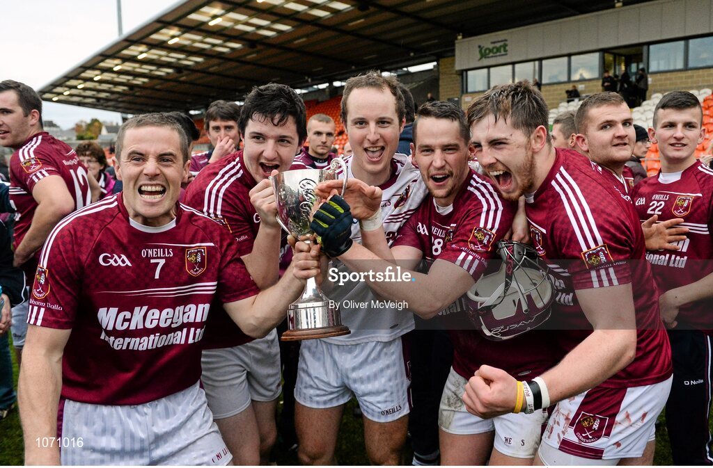 25 October 2015; Sean Delargy, Christy McNaughton, Eoin Gillan, Aarron Graffin and Ryan McCambridge, Cushendall, celebrate after the game. AIB GAA Hurling Ulster GAA Senior Club Championship Final, Cushendall v Slaughtneil Ruairí Óg. Athletic Grounds, Armagh. Picture credit: Oliver McVeigh / SPORTSFILE