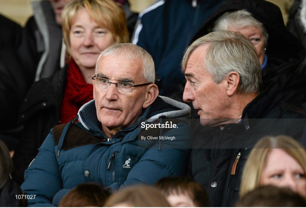 25 October 2015; Mickey Moran and John Joe Kearney, joint managers of Slaughtneil football team looking on concerned as 10 of their players are playing for their club hurling team one week before their Ulster Club football quarter final.. AIB GAA Hurling Ulster GAA Senior Club Championship Final, Cushendall v Slaughtneil Ruairí Óg. Athletic Grounds, Armagh. Picture credit: Oliver McVeigh / SPORTSFILE