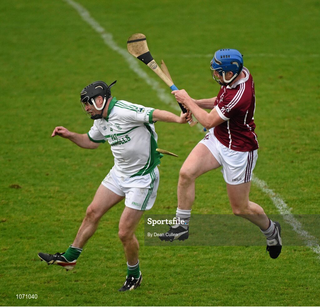 25 October 2015; Keith Hogan, Clara, shoots under pressure from O'Loughlin Gaels' Eddie Kearns who breaks his hurl in the process.  St. Canice's Credit Union Kilkenny County Senior Hurling Championship Final, Clara GAA v O'Loughlin Gaels GAA Club. Nowlan Park, Kilkenny. Picture credit: Dean Cullen / SPORTSFILE