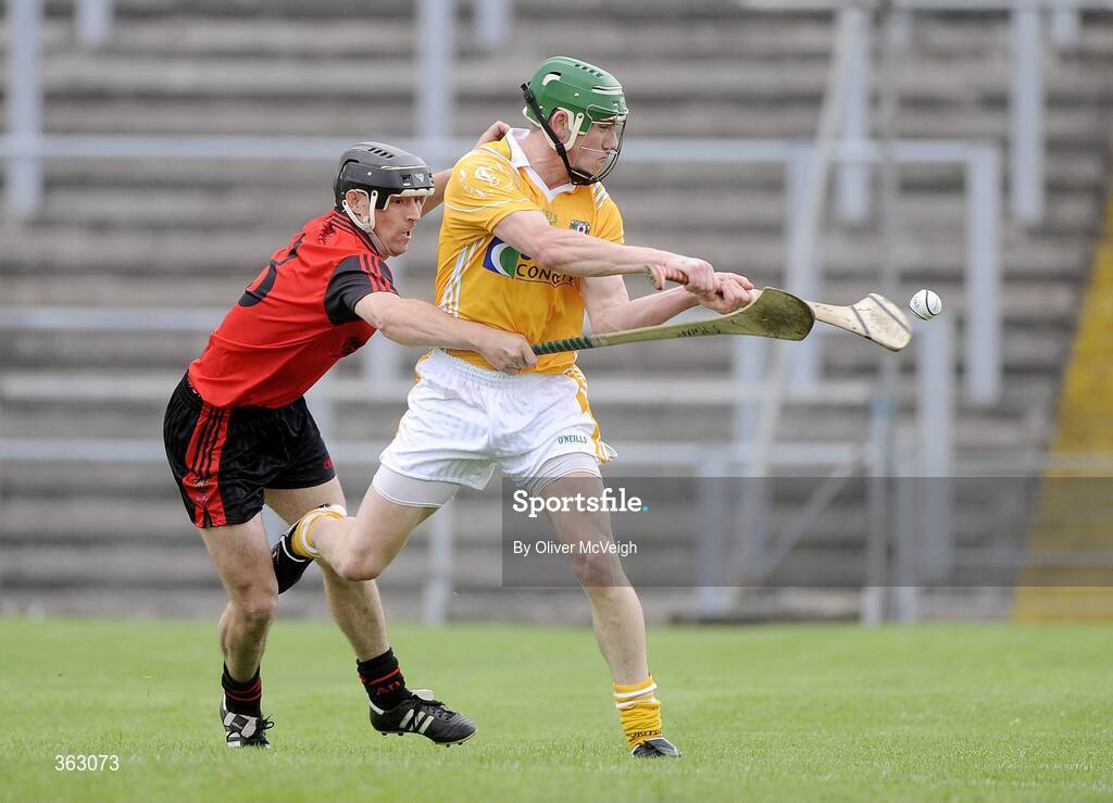 28 June 2009; Joey Scullion, Anrtrim, in action against Stephen Murray, Down. GAA Hurling Ulster Senior Championship Final, Antrim v Down, Casement Park, Belfast, Co. Antrim. Picture credit: Oliver McVeigh / SPORTSFILE *** Local Caption ***