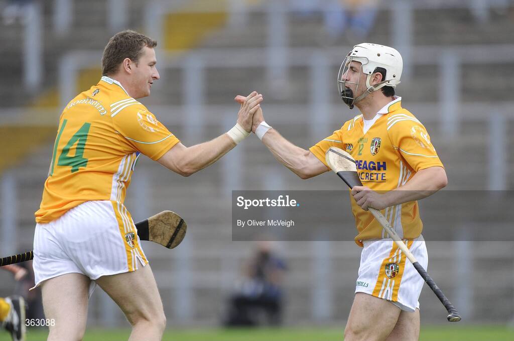 28 June 2009; Shane McNaughton, Anrtrim, right, celebrates with Paddy Richmond after scoring a goal. GAA Hurling Ulster Senior Championship Final, Antrim v Down, Casement Park, Belfast, Co. Antrim. Picture credit: Oliver McVeigh / SPORTSFILE *** Local Caption ***