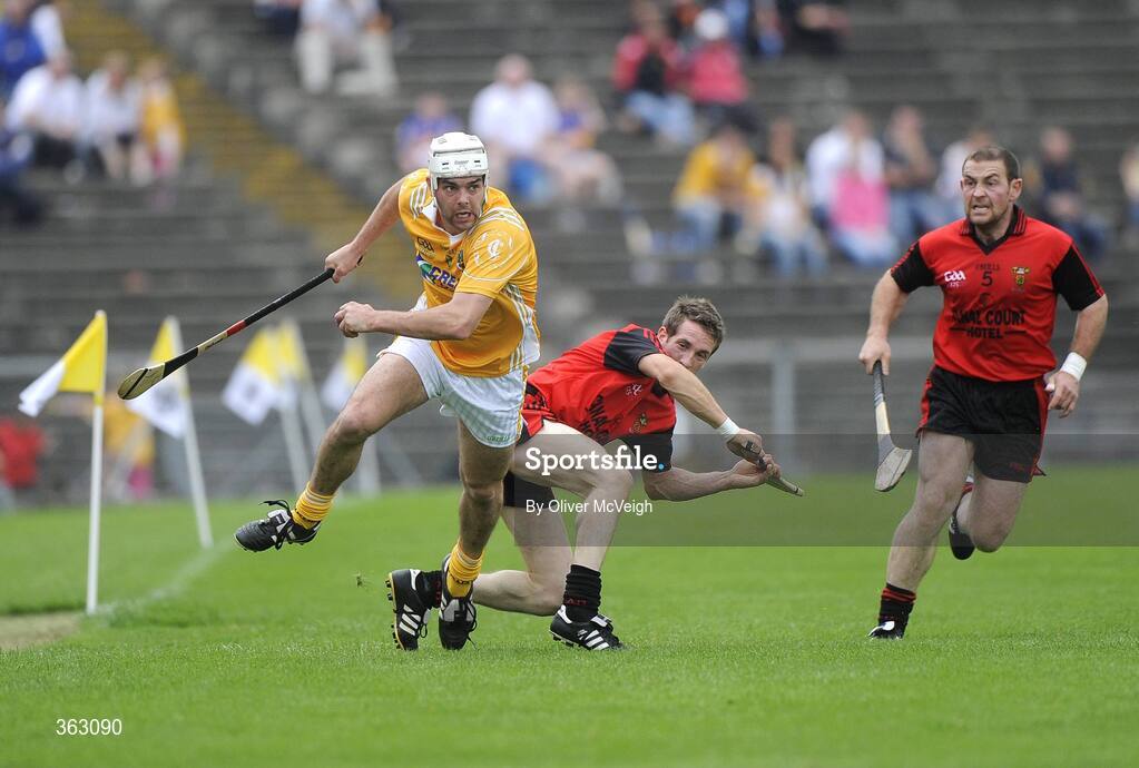 28 June 2009; Johnny Campbell, Anrtrim, in action against Andy Savage, Down. GAA Hurling Ulster Senior Championship Final, Antrim v Down, Casement Park, Belfast, Co. Antrim. Picture credit: Oliver McVeigh / SPORTSFILE *** Local Caption ***