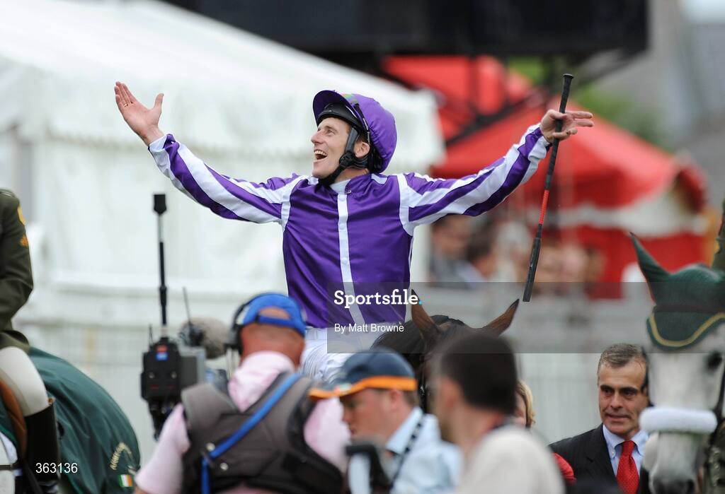 28 June 2009; Johnny Murtagh celebrates after winning the Dubai Duty Free Irish Derby onboard Fame And Glory. Irish Derby Festival - Sunday, Curragh Racecourse, Co. Kildare. Picture credit: Matt Browne / SPORTSFILE