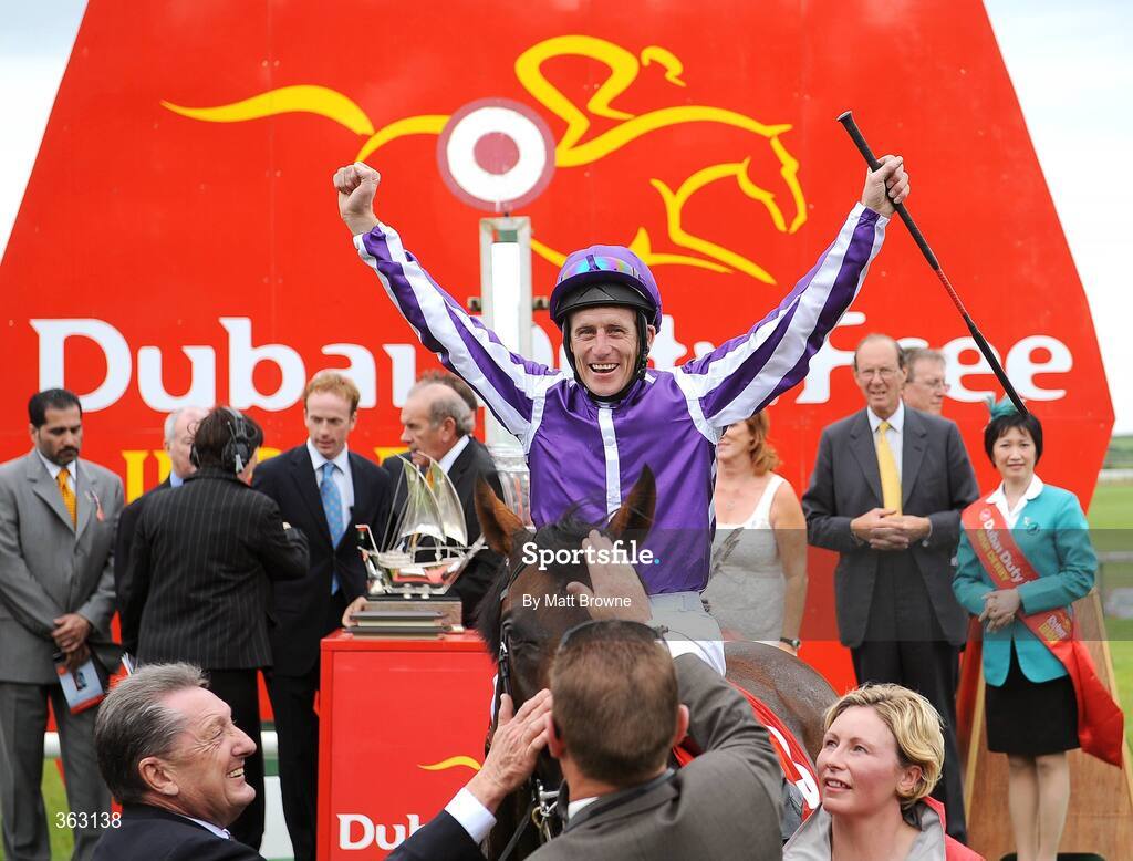 28 June 2009; Johnny Murtagh celebrates after winning the Dubai Duty Free Irish Derby onboard Fame And Glory. Irish Derby Festival - Sunday, Curragh Racecourse, Co. Kildare. Picture credit: Matt Browne / SPORTSFILE