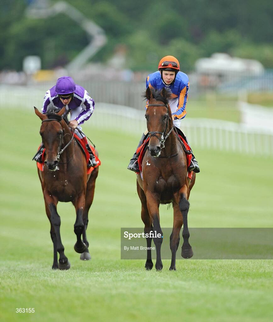 28 June 2009; Joseph O'Brien, son of trainer Aidan O'Brien, on Byzantine, right, with eventual winner Fame And Glory, with Johnny Murtagh, make their way to the start of the Dubai Duty Free Irish Derby. Irish Derby Festival - Sunday, Curragh Racecourse, Co. Kildare. Picture credit: Matt Browne / SPORTSFILE