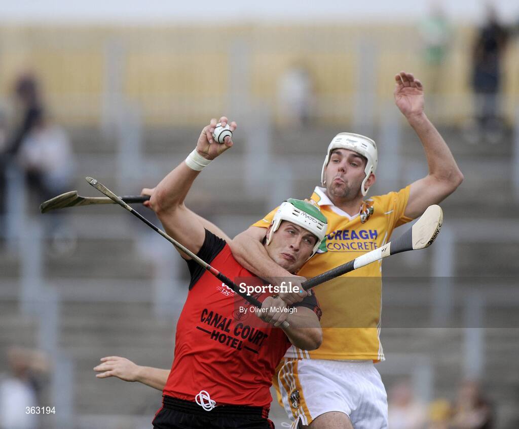 28 June 2009; Gareth Johnston, Down, in action against Johnny Campbell, Anrtrim. GAA Hurling Ulster Senior Championship Final, Antrim v Down, Casement Park, Belfast, Co. Antrim. Picture credit: Oliver McVeigh / SPORTSFILE *** Local Caption ***