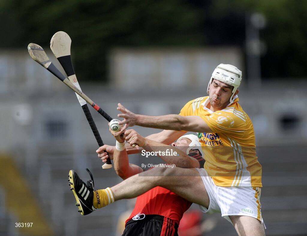 28 June 2009; Johnny Campbell, Anrtrim, in action against Gareth Johnston, Down. GAA Hurling Ulster Senior Championship Final, Antrim v Down, Casement Park, Belfast, Co. Antrim. Picture credit: Oliver McVeigh / SPORTSFILE *** Local Caption ***