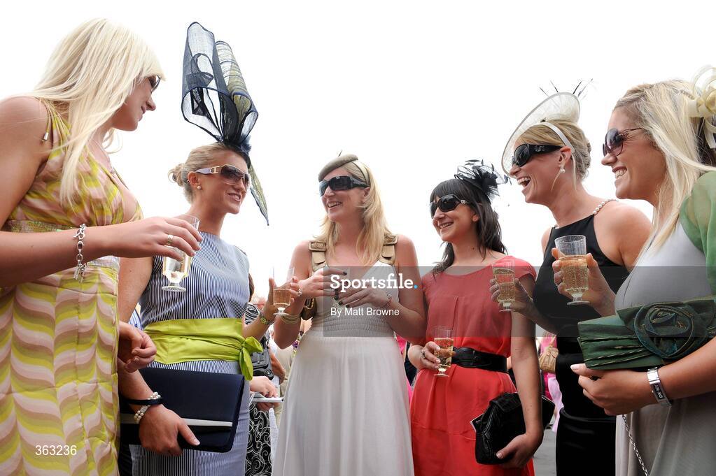28 June 2009; Enjoying the days races are, from left, Gemma Gaynor, Siobhan O'Neill, Valerie Corley, Amy Savage, Jeannette Naughton and Ingrid Brook at the Irish Derby Festival - Sunday, Curragh Racecourse, Co. Kildare. Picture credit: Matt Browne / SPORTSFILE