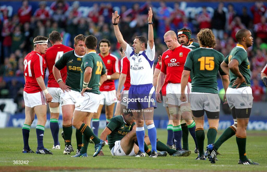 27 June 2009; Ronan O'Gara, British and Irish Lions, extreme left, stands in disbelief as referee Christophe Berdos awards a penalty against him late in the game. 2nd Test, South Africa v British and Irish Lions, Loftus Versfeld Stadium, Pretoria, South Africa. Picture credit: Andrew Fosker / SPORTSFILE