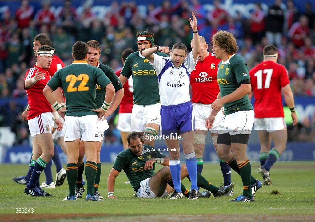 27 June 2009; Ronan O'Gara, British and Irish Lions, extreme left, protests as referee Christophe Berdos awards a penalty against him late in the game. 2nd Test, South Africa v British and Irish Lions, Loftus Versfeld Stadium, Pretoria, South Africa. Picture credit: Andrew Fosker / SPORTSFILE
