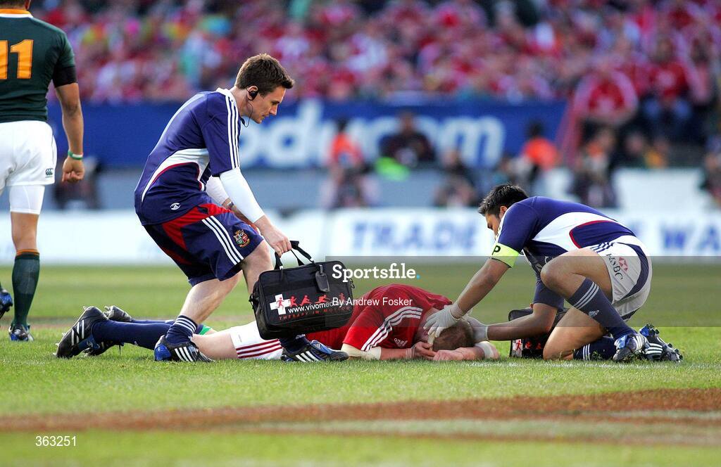 27 June 2009; Gethin Jenkins, British and Irish Lions, in action against  receives treatment for a fractured cheekbone as he lies injured after clashing heads with Bryan Habana, South Africa. 2nd Test, South Africa v British and Irish Lions, Loftus Versfeld Stadium, Pretoria, South Africa. Picture credit: Andrew Fosker / SPORTSFILE
