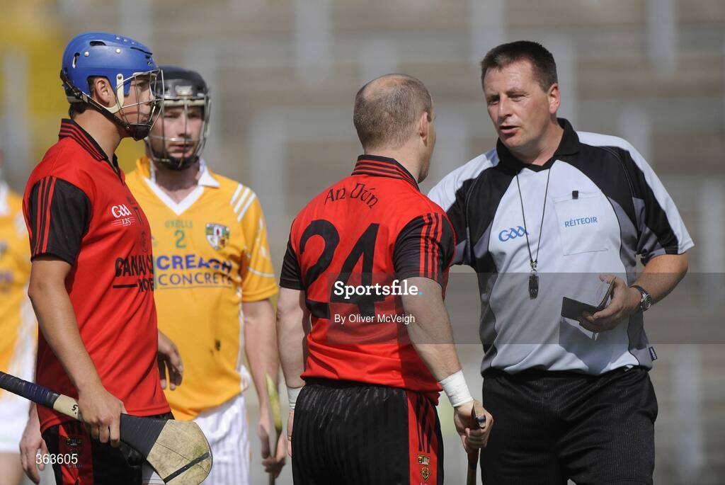 28 June 2009; Referee Brian Gavin speaks to Down's Martin Og Coulter. GAA Hurling Ulster Senior Championship Final, Antrim v Down, Casement Park, Belfast, Co. Antrim. Picture credit: Oliver McVeigh / SPORTSFILE