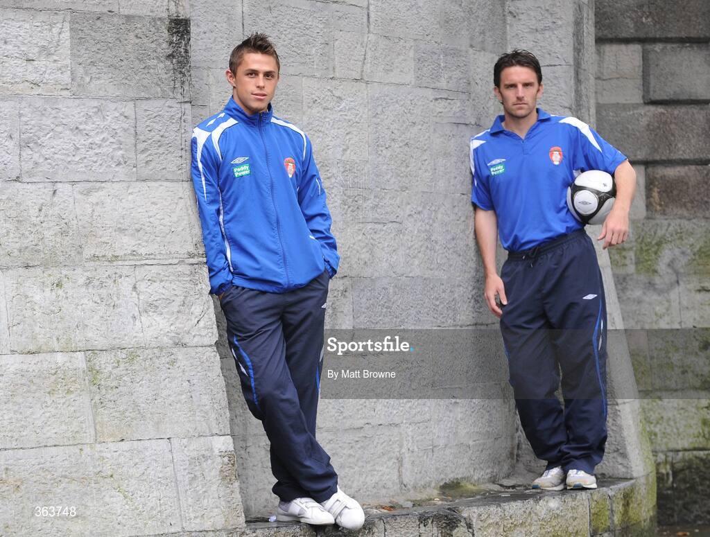 2 July 2009; St. Patrick's Athletic's Ryan Guy, left, and Stuart Byrne before a press conference ahead of their League of Ireland Premier Division game against Shamrock Rovers on Saturday night. Hilton Kilmainham Hotel, Kilmainham, Dublin. Picture credit: Matt Browne / SPORTSFILE