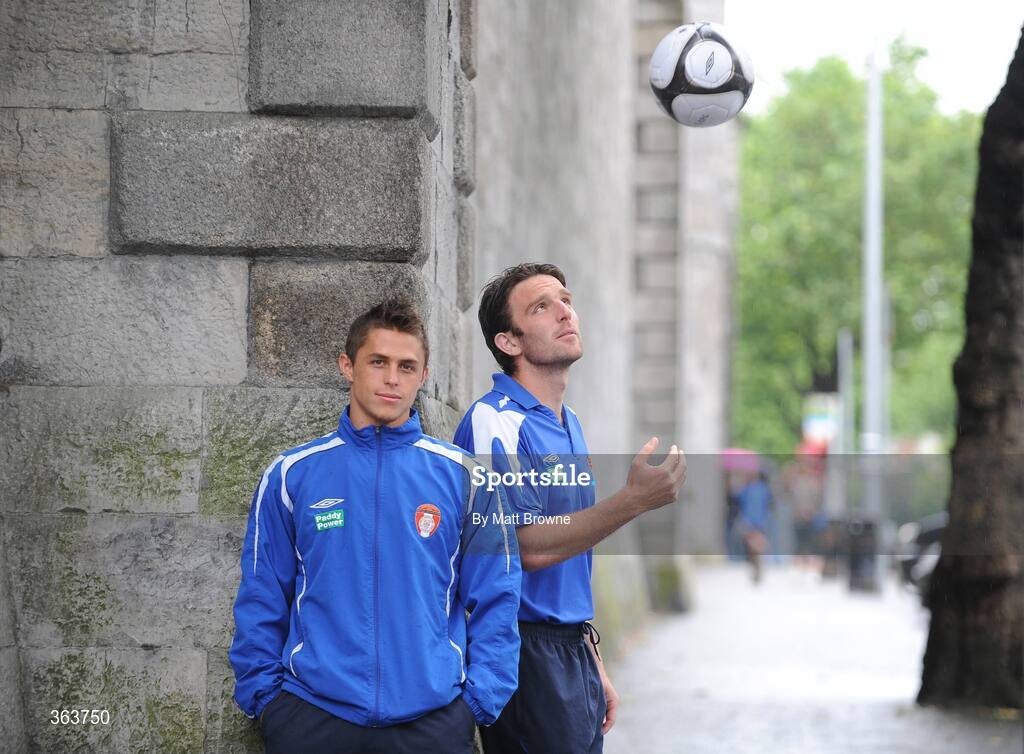 2 July 2009; St. Patrick's Athletic's Ryan Guy, left, and Stuart Byrne before a press conference ahead of their League of Ireland Premier Division game against Shamrock Rovers on Saturday night. Hilton Kilmainham Hotel, Kilmainham, Dublin. Picture credit: Matt Browne / SPORTSFILE